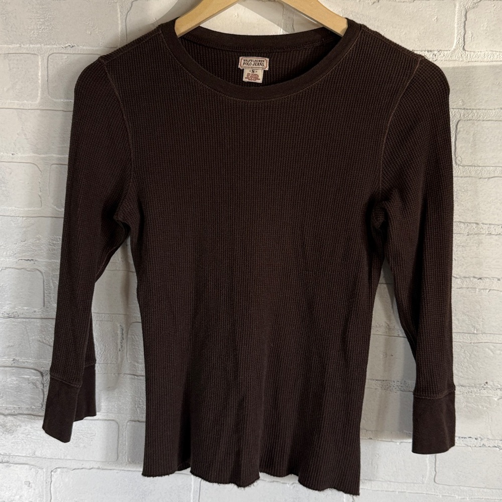 Y2K Ralph Lauren Polo Jeans Brown Waffle Knit 3/4 Sleeve Top Size Small